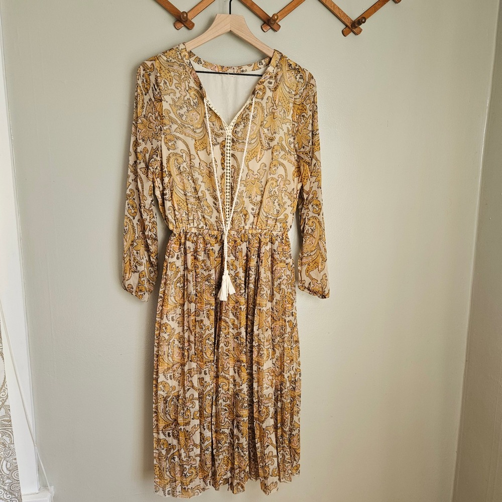 World Market Willow Dress Sz S/M Mustard Tan Paisley Pleated Chiffon Boho Midi
